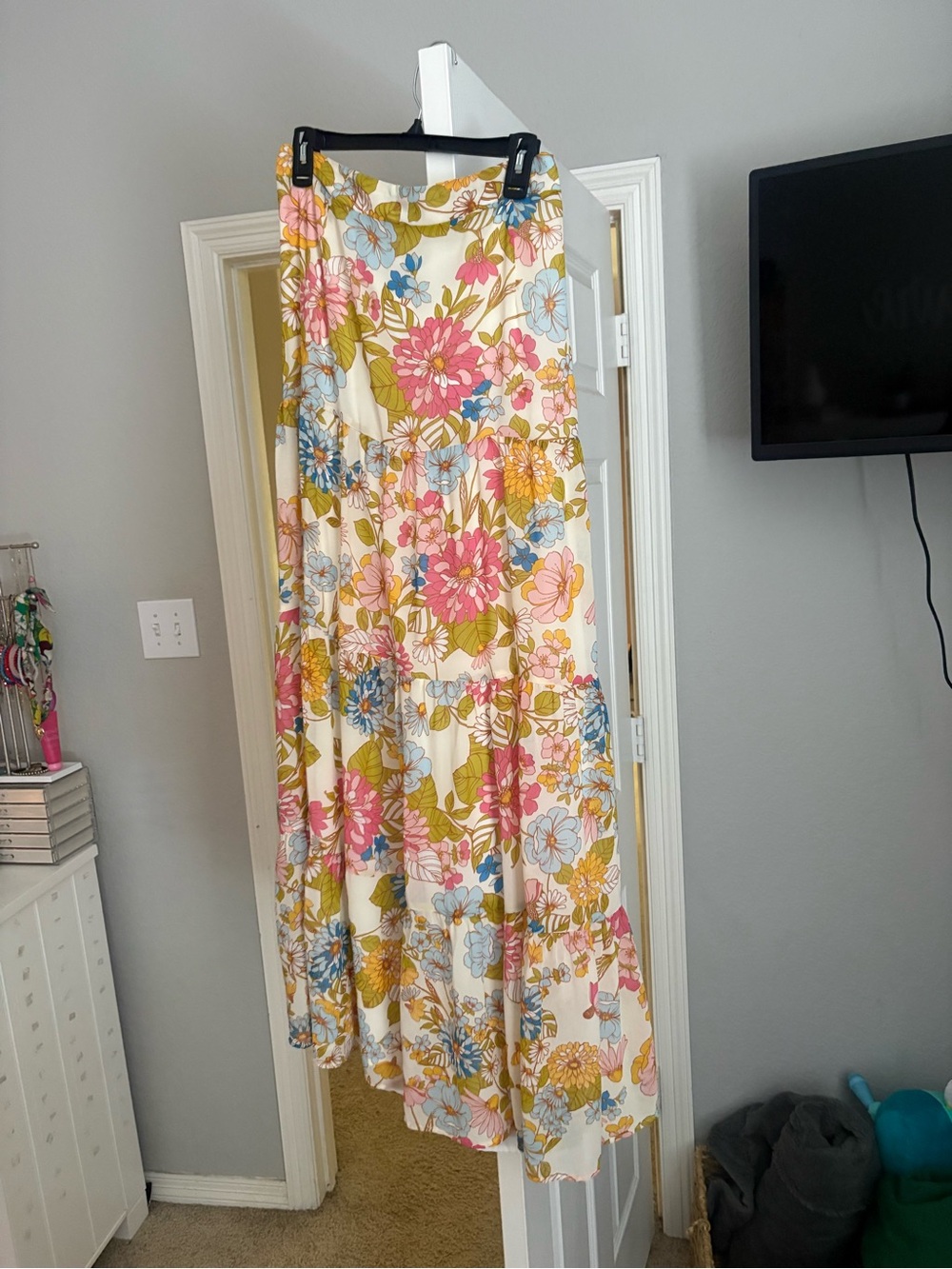 Floral Tiered Maxi Skirt - Cream with Pink & Blue Blooms
